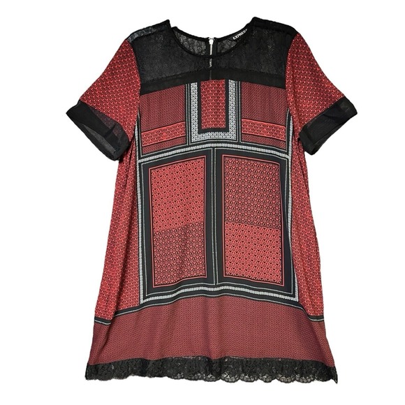 EXPRESS Dress Size Large Red‎ Black Geometric Lace Trim Short Sleeve - Picture 2 of 13
